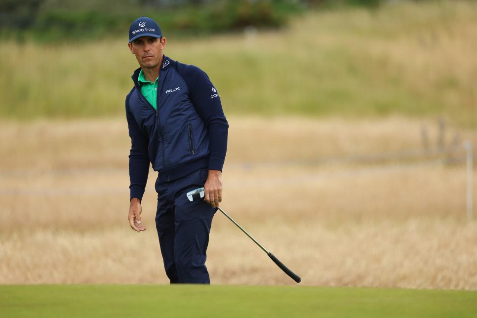 NORTH BERWICK, SCOTLAND - JULY 06: Billy Horschel of the United States looks on after putting on the 3rd green during a practice round prior to the Genesis Scottish Open at The Renaissance Club on July 06, 2022 in North Berwick, Scotland. (Photo by Andrew Redington/Getty Images)