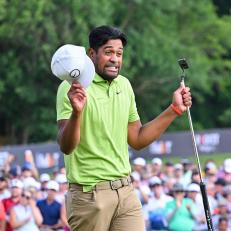 DETROIT, MI - JULY 31: Tony Finau celebrates on the 18th green after winning the tournament during the final round of the Rocket Mortgage Classic at Detroit Golf Club on July 31, 2022 in Detroit, Michigan. (Photo by Ben Jared/PGA TOUR via Getty Images)