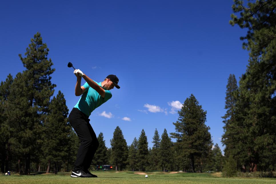 TRUCKEE, CALIFORNIA - JULY 17: Cameron Davis of Australia plays his shot from the eighth tee during the final round of the Barracuda Championship at Tahoe Mountain Club on July 17, 2022 in Truckee, California. (Photo by Sean M. Haffey/Getty Images)