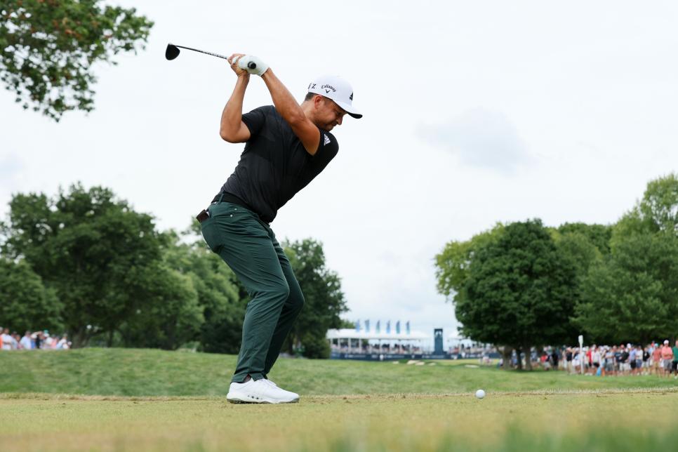 WILMINGTON, DELAWARE - AUGUST 21: Xander Schauffele of the United States plays his shot from the 16th tee during the final round of the BMW Championship at Wilmington Country Club on August 21, 2022 in Wilmington, Delaware. (Photo by Andy Lyons/Getty Images)