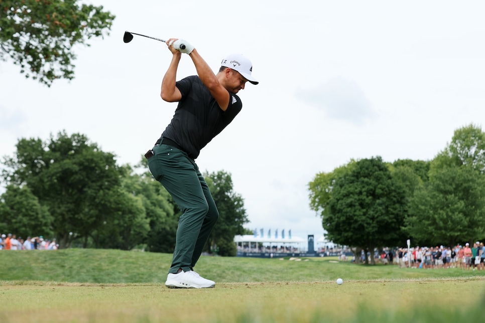 WILMINGTON, DELAWARE - AUGUST 21: Xander Schauffele of the United States plays his shot from the 16th tee during the final round of the BMW Championship at Wilmington Country Club on August 21, 2022 in Wilmington, Delaware. (Photo by Andy Lyons/Getty Images)