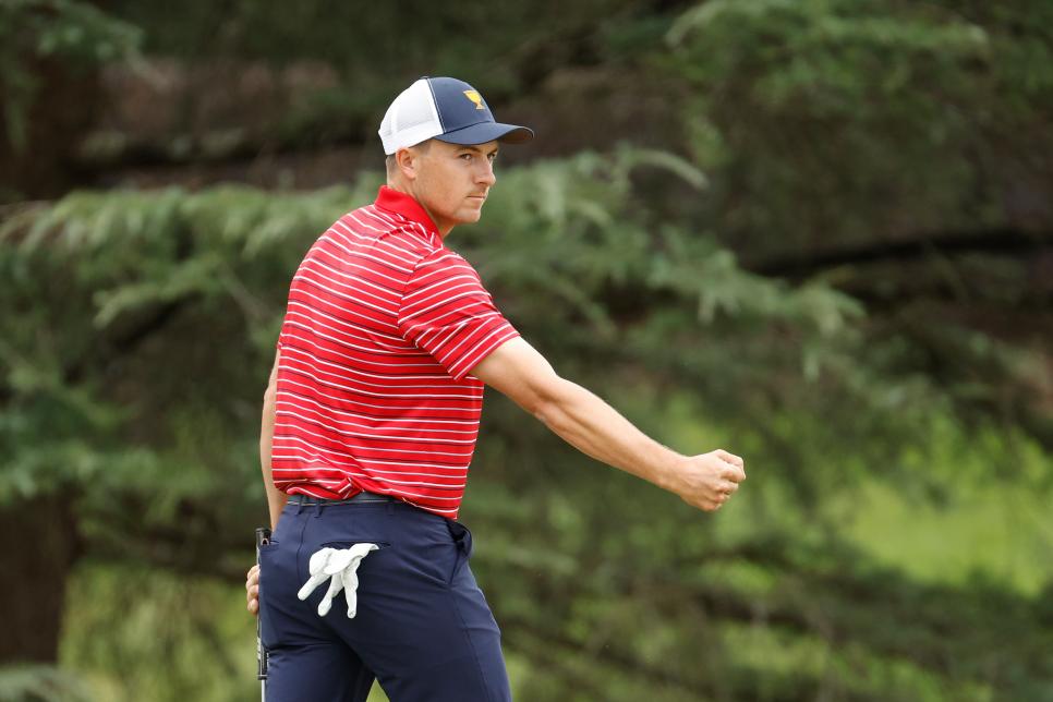 CHARLOTTE, NORTH CAROLINA - SEPTEMBER 25: Jordan Spieth of the United States Team reacts after making a long putt on the seventh green during Sunday singles matches on day four of the 2022 Presidents Cup at Quail Hollow Country Club on September 25, 2022 in Charlotte, North Carolina. (Photo by Jared C. Tilton/Getty Images)