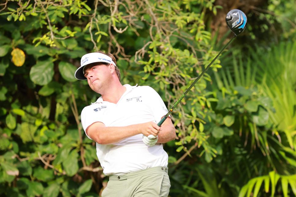 PLAYA DEL CARMEN, MEXICO - NOVEMBER 03: Keith Mitchell of United States plays his shot from the 13th tee during the first round of the World Wide Technology Championship at Club de Gold El Camaleon at  on November 03, 2022 in Playa del Carmen. (Photo by Fernando de Dios/Getty Images)