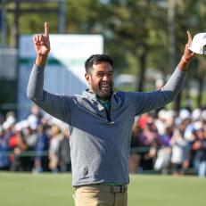 HOUSTON, TX - NOVEMBER 13:  Tony Finau (USA) celebrates after winning tournament in the Final Round of the Cadence Bank Houston Open at Memorial Park Golf Course on November 13, 2022 in Houston, Texas.  (Photo by Leslie Plaza Johnson/Icon Sportswire via Getty Images)