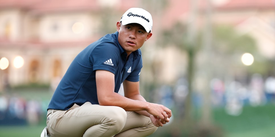 PONTE VEDRA BEACH, FLORIDA - MARCH 10: Collin Morikawa of the United States looks on after marking his ball on the third green during the first round of THE PLAYERS Championship on the Stadium Course at TPC Sawgrass on March 10, 2022 in Ponte Vedra Beach, Florida. (Photo by Jared C. Tilton/Getty Images)