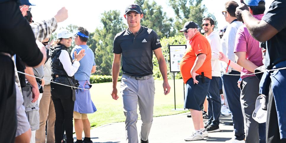 PACIFIC PALISADES, CA - FEBRUARY 18: Collin Morikawa walks to the first tee box during the second round of the Genesis Invitational at Riviera Country Club on February 18, 2022 in Pacific Palisades, California. (Photo by Ben Jared/PGA TOUR via Getty Images)