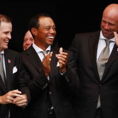 NEWPORT, WALES - SEPTEMBER 30:  Stewart Cink of the USA reacts after Team Captain Corey Pavin forgets to announce him during the Opening Ceremony prior to the 2010 Ryder Cup at the Celtic Manor Resort on September 30, 2010 in Newport, Wales.  (Photo by Andrew Redington/Getty Images)