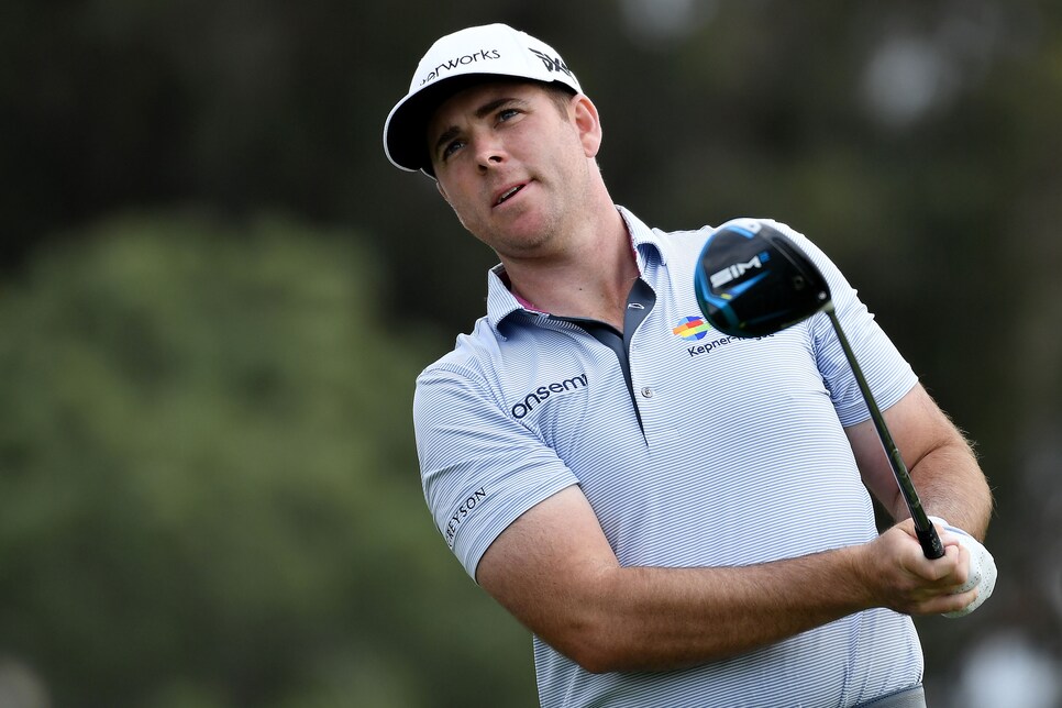 LA JOLLA, CALIFORNIA - JANUARY 29: Luke List hits his tee shot on the 18th hole during the final round of The Farmers Insurance Open on the South Course at Torrey Pines Golf Course on January 29, 2022 in La Jolla, California. (Photo by Donald Miralle/Getty Images)