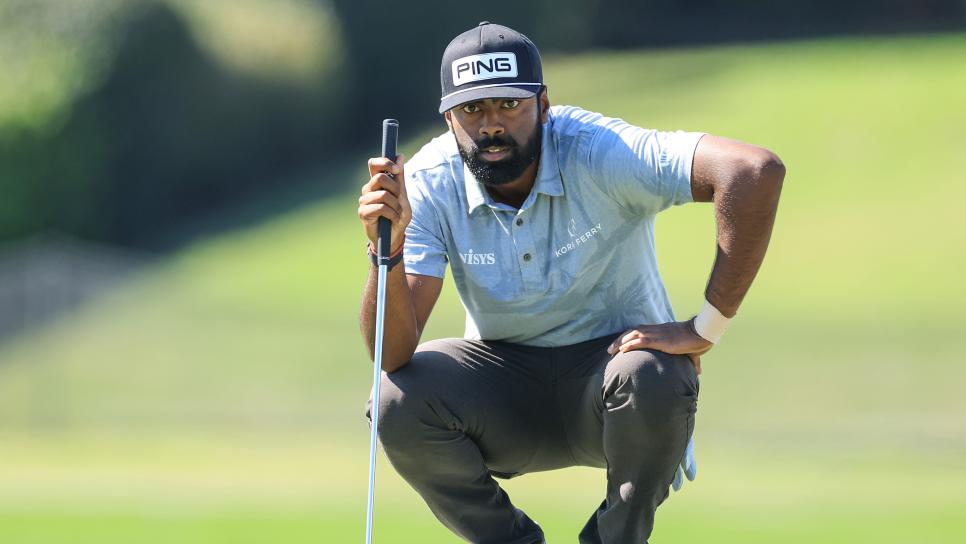 ORLANDO, FLORIDA - MARCH 03: Sahith Theegala of The United States lines up a pu on the par 3, 17th hole during the first round of the Arnold Palmer Invitational presented by Mastercard at Arnold Palmer Bay Hill Golf Course on March 03, 2022 in Orlando, Florida. (Photo by David Cannon/Getty Images)