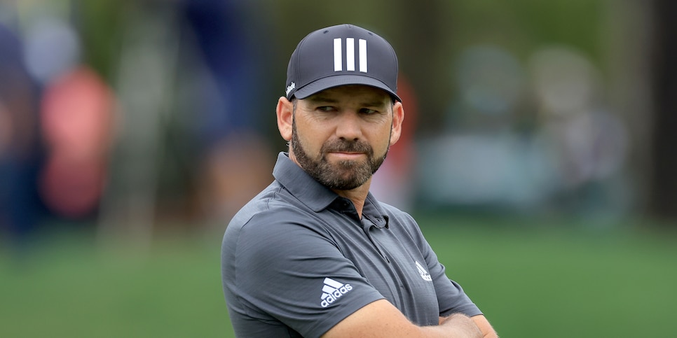 PONTE VEDRA BEACH, FLORIDA - MARCH 10: Sergio Garcia of Spain waits to putt on the par 4, 14th hole during the first round of THE PLAYERS Championship at TPC Sawgrass on March 10, 2022 in Ponte Vedra Beach, Florida. (Photo by David Cannon/Getty Images)