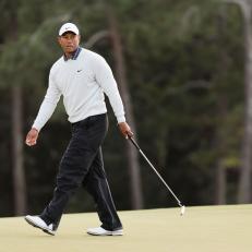 AUGUSTA, GEORGIA - APRIL 09: Tiger Woods reacts to his putt on the 18th green during the third round of the Masters at Augusta National Golf Club on April 09, 2022 in Augusta, Georgia. (Photo by Gregory Shamus/Getty Images)