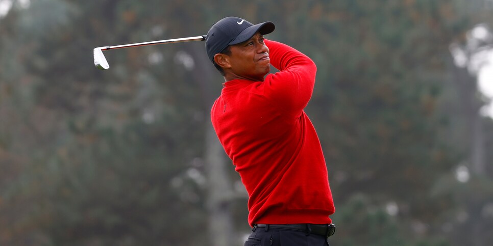 Masters champion Tiger Woods plays his stroke from the No. 3 tee during Round 4 of the Masters at Augusta National Golf Club, Sunday, November 15, 2020. (Photo by Augusta National via Getty Images)