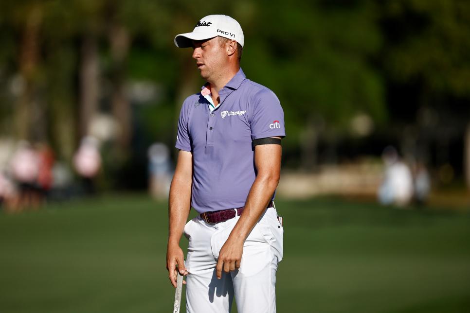 HILTON HEAD ISLAND, SOUTH CAROLINA - APRIL 15: Justin Thomas reacts after missing a putt on the 16th green during the second round of the RBC Heritage at Harbor Town Golf Links on April 15, 2022 in Hilton Head Island, South Carolina. (Photo by Jared C. Tilton/Getty Images)
