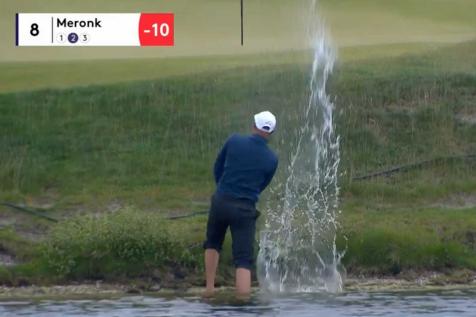 Watch this tour pro make a ridiculous up-and-down par save from a pond that helped him clinch a spot in the 150th Open