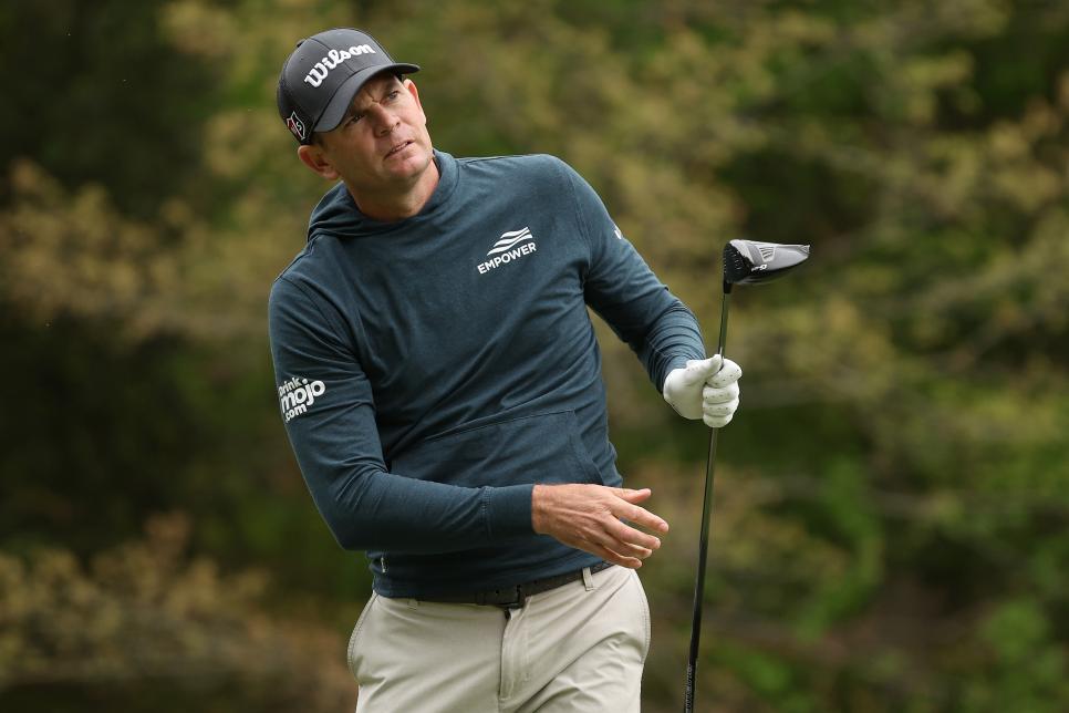 POTOMAC, MARYLAND - MAY 05: Brendan Steele of the United States watches his tee shot on the 11th hole during the first round of the Wells Fargo Championship at TPC Potomac Clubhouse on May 05, 2022 in Potomac, Maryland. (Photo by Gregory Shamus/Getty Images)