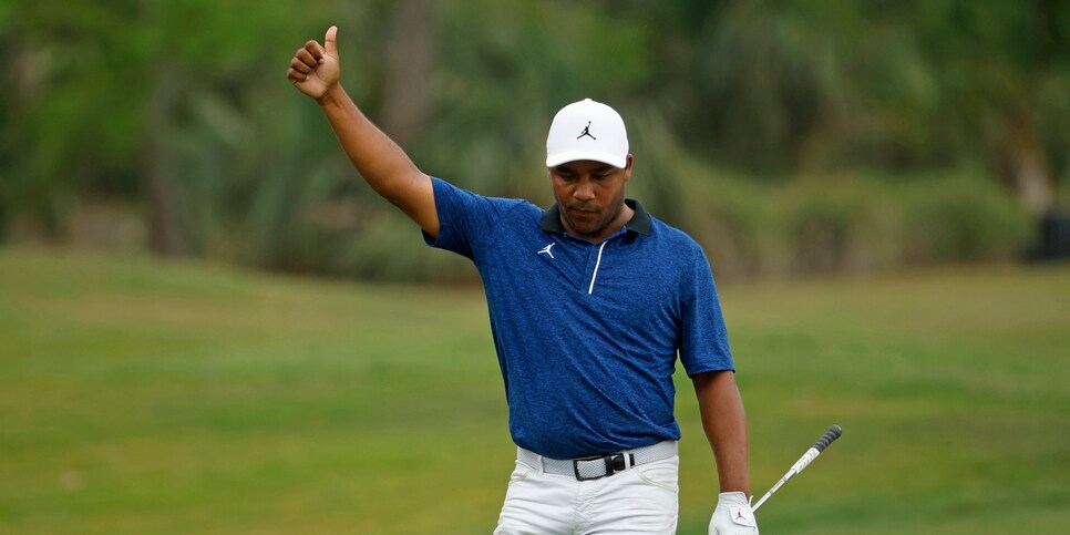 AVONDALE, LOUISIANA - APRIL 23: Harold Varner III reacts on the 10th hole during the third round of the Zurich Classic of New Orleans at TPC Louisiana on April 23, 2022 in Avondale, Louisiana. (Photo by Chris Graythen/Getty Images)