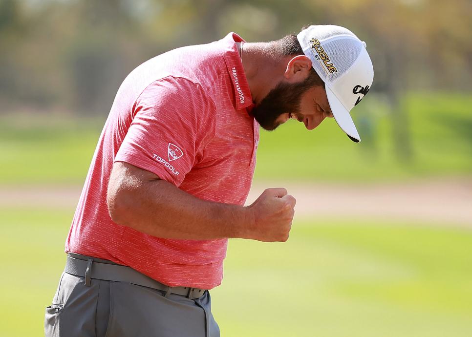 PUERTO VALLARTA, MEXICO - MAY 01: Jon Rahm of Spain celebrates after making a par in the 18th hole of the final round and winning the  Mexico Open at Vidanta 2022 on May 01, 2022 in Puerto Vallarta, Jalisco. (Photo by Hector Vivas/Getty Images)