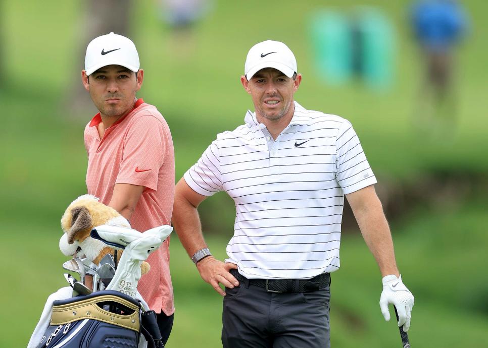 TULSA, OKLAHOMA - MAY 17: Rory McIlroy of Northern Ireland prepares to play play a shot on the 17th hole with his caddie Harry Diamond during practice for the 2022 PGA Championship at Southern Hills Country Club on May 17, 2022 in Tulsa, Oklahoma. (Photo by David Cannon/Getty Images)