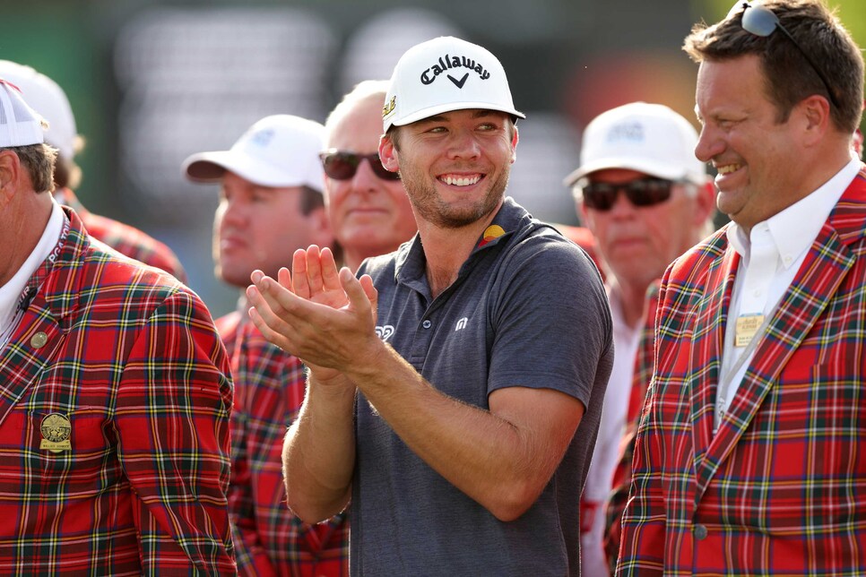 FORT WORTH, TEXAS - MAY 29: Sam Burns of the United States reacts after putting in to win the Charles Schwab Challenge during the first playoff hole on the 18th green during the final round of the Charles Schwab Challenge at Colonial Country Club on May 29, 2022 in Fort Worth, Texas. (Photo by Carmen Mandato/Getty Images)