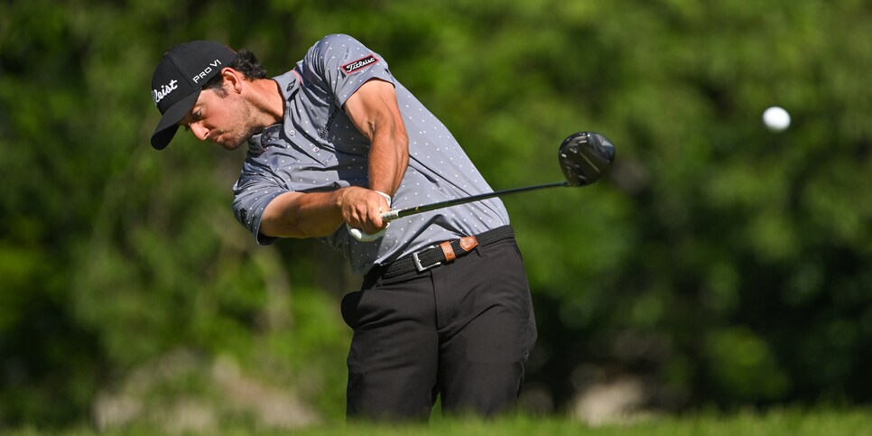 DUBLIN, OHIO - JUNE 03: Davis Riley tees off on the 18th hole during the second round of the Memorial Tournament presented by Workday at Muirfield Village Golf Club on June 3, 2022 in Dublin, Ohio. (Photo by Ben Jared/PGA TOUR via Getty Images)