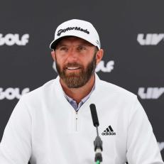 ST ALBANS, ENGLAND - JUNE 07: Dustin Johnson of The United States attends the press conference prior to the LIV Golf Invitational - London at The Centurion Club on June 07, 2022 in St Albans, England. (Photo by Aitor Alcalde/LIV Golf/Getty Images)