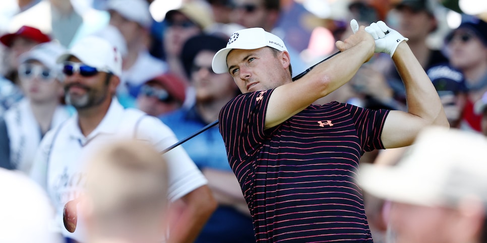 FORT WORTH, TEXAS - MAY 28: Jordan Spieth of the United States plays his shot from the third tee during the third round of the Charles Schwab Challenge at Colonial Country Club on May 28, 2022 in Fort Worth, Texas. (Photo by Tom Pennington/Getty Images)