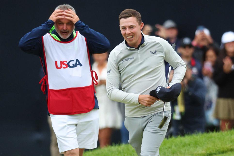 BROOKLINE, MASSACHUSETTS - JUNE 19: Matt Fitzpatrick of England celebrates with caddie Billy Foster after winning on the 18th green during the final round of the 122nd U.S. Open Championship at The Country Club on June 19, 2022 in Brookline, Massachusetts. (Photo by Andrew Redington/Getty Images)