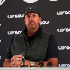 ST ALBANS, ENGLAND - JUNE 08: Phil Mickelson of the United States looks on during a press conference at The Centurion Club on June 08, 2022 in St Albans, England. (Photo by Chris Trotman/LIV Golf/Getty Images)