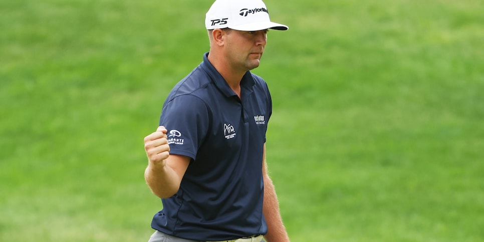 BROOKLINE, MASSACHUSETTS - JUNE 16: Taylor Montgomery of the United States reacts on the 14th hole during round one of the 122nd U.S. Open Championship at The Country Club on June 16, 2022 in Brookline, Massachusetts. (Photo by Patrick Smith/Getty Images)