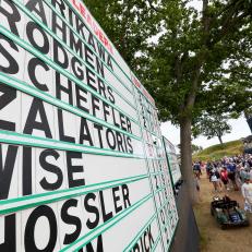 A wide view of a leaderboard during the third round at the 2022 U.S. Open at The Country Club in Brookline, Mass. on Saturday, June 18, 2022. (Jeff Haynes/USGA)