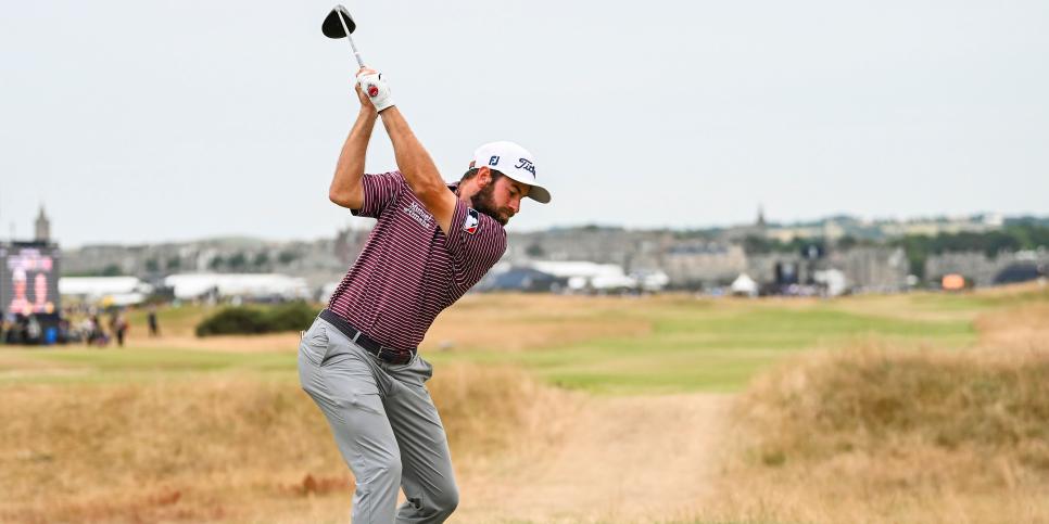ST ANDREWS, SCOTLAND - JULY 17:  Cameron Young at the top of his swing as he plays his shot from the 15th hole tee during the final round of The 150th Open Championship on The Old Course at St Andrews on July 17, 2022 in St. Andrews, Scotland. (Photo by Keyur Khamar/PGA TOUR via Getty Images)