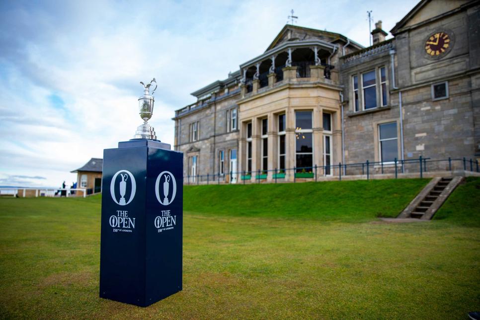 ST ANDREWS, SCOTLAND - FEBRUARY 14:The Claret Jug on display in front of the R&A Clubhouse with 150 Days to go until The 150th Open at St Andrews on February 14,2022 in St Andrews,Scotland.  (Photo by Liam Allan/R&A/R&A via Getty Images)