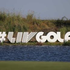 NORTH PLAINS, OREGON - JULY 01: LIV Golf signage is seen near the 18th hole during day two of the LIV Golf Invitational - Portland at Pumpkin Ridge Golf Club on July 01, 2022 in North Plains, Oregon. (Photo by Jamie Squire/LIV Golf via Getty Images)