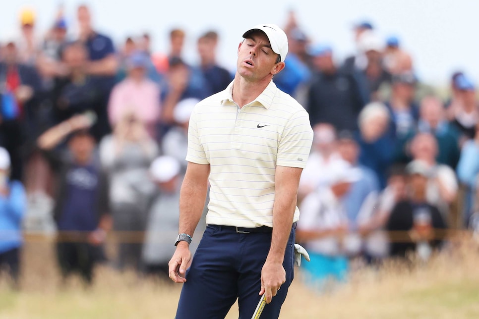 ST ANDREWS, SCOTLAND - JULY 17: Rory McIlroy of Northern Ireland reacts after putting on the 13th green during Day Four of The 150th Open at St Andrews Old Course on July 17, 2022 in St Andrews, Scotland. (Photo by Warren Little/Getty Images)