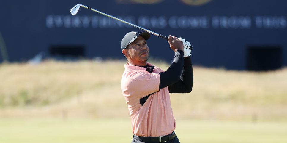 ST ANDREWS, SCOTLAND - JULY 10: Tiger Woods of the United States plays a shot on the third hole during a practice round prior to The 150th Open at St Andrews Old Course on July 10, 2022 in St Andrews, Scotland. (Photo by Warren Little/Getty Images)