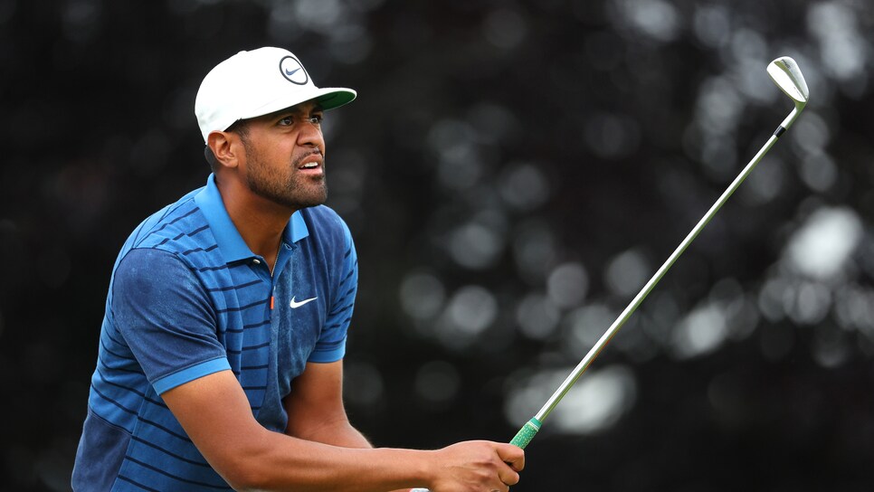 BROOKLINE, MASSACHUSETTS - JUNE 17: Tony Finau of the United States watches his shot from the 16th tee during the second round of the 122nd U.S. Open Championship at The Country Club on June 17, 2022 in Brookline, Massachusetts. (Photo by Andrew Redington/Getty Images)