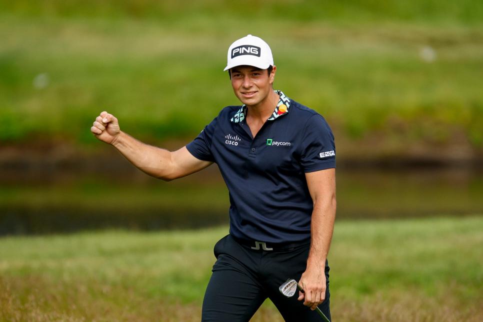 BROOKLINE, MASSACHUSETTS - JUNE 17: Viktor Hovland of Norway celebrates making his chip for birdie on the 12th hole during the second round of the 122nd U.S. Open Championship at The Country Club on June 17, 2022 in Brookline, Massachusetts. (Photo by Jared C. Tilton/Getty Images)