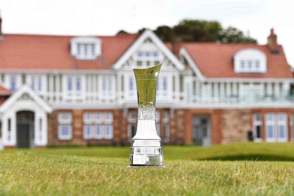 GULLANE, SCOTLAND - JUNE 06: The AIG Women's Open trophy in front of the club house at the Media Day prior to the AIG Women's Open at Muirfield on June 6, 2022 in Gullane, Scotland. (Photo by Mark Runnacles/R&A/R&A via Getty Images) *** Local caption ***