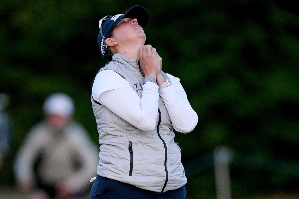 GULLANE, SCOTLAND - AUGUST 07: Ashleigh Buhai of South Africa celebrates after her putt shot on the 18th hole in the third Play Off for winning the AIG Women's Open during Day Four of the AIG Women's Open at Muirfield on August 07, 2022 in Gullane, Scotland. (Photo by Octavio Passos/Getty Images)