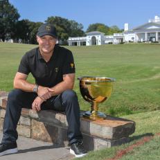 CHARLOTTE, NC - SEPTEMBER 28: Trevor Immelman poses with the Presidents Cup during the Captains Visit for 2022 Presidents Cup at Quail Hollow Club on September 28, 2021 in Charlotte, North Carolina. (Photo by Ben Jared/PGA TOUR via Getty Images)