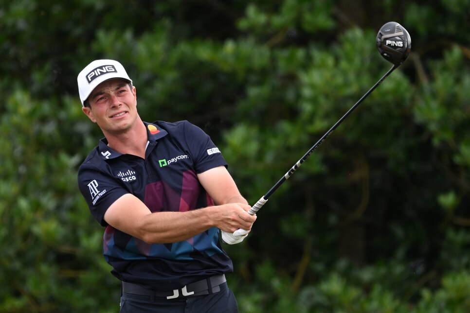 ST ANDREWS, SCOTLAND - JULY 17: Viktor Hovland
 of Norway on the third tee during the Final Day of The 150th Open at St Andrews Old Course on July 17, 2022 in St Andrews, Scotland. (Photo by Ross Parker/SNS Group via Getty Images)