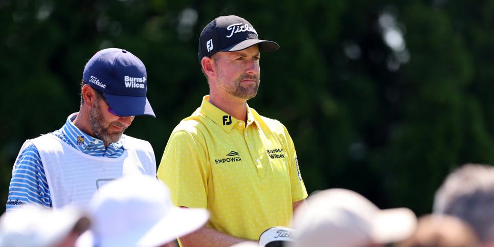 CROMWELL, CONNECTICUT - JUNE 26: Webb Simpson of the United States prepares to tee off on the ninth hole during the final round of Travelers Championship at TPC River Highlands on June 26, 2022 in Cromwell, Connecticut. (Photo by Michael Reaves/Getty Images)