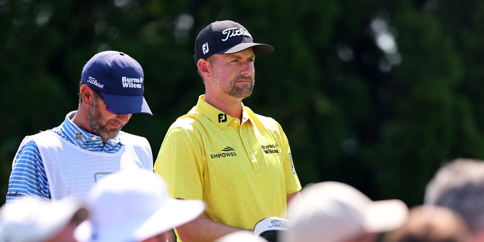 CROMWELL, CONNECTICUT - JUNE 26: Webb Simpson of the United States prepares to tee off on the ninth hole during the final round of Travelers Championship at TPC River Highlands on June 26, 2022 in Cromwell, Connecticut. (Photo by Michael Reaves/Getty Images)