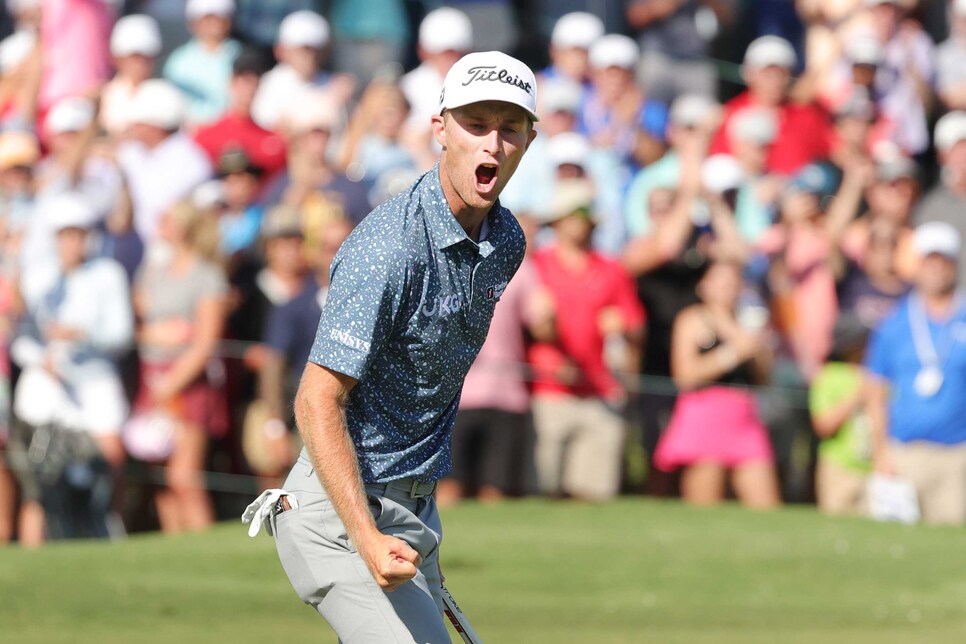 MEMPHIS, TENNESSEE - AUGUST 14: Will Zalatoris of the United States reacts on the 18th green in regulation after putting in to force a playoff against Sepp Straka of Austria during the final round of the FedEx St. Jude Championship at TPC Southwind on August 14, 2022 in Memphis, Tennessee. (Photo by Stacy Revere/Getty Images)