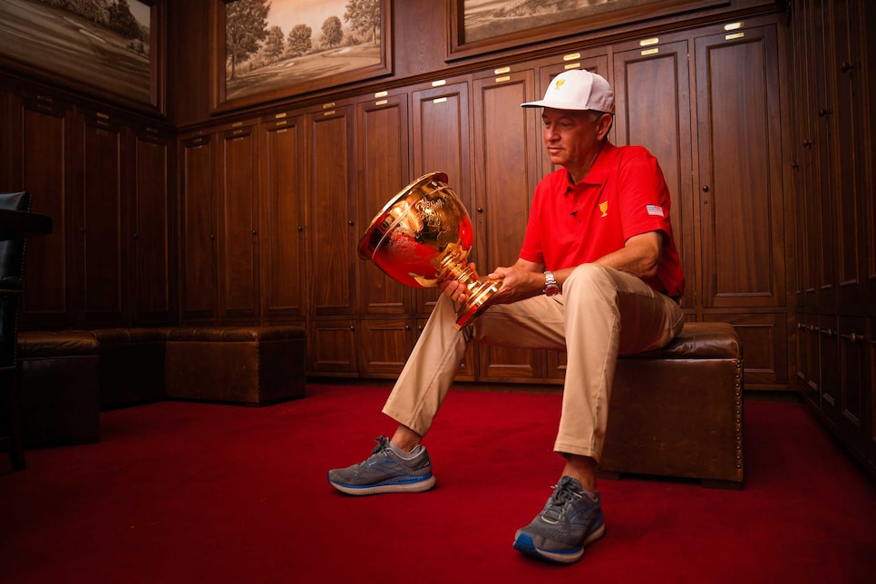 CHARLOTTE, NC - SEPTEMBER 30: Davis Love III holds the Presidents Cup inside the locker room during the Captains Visit for 2022 Presidents Cup at Quail Hollow Club on September 30, 2021 in Charlotte, North Carolina. (Photo by Ben Jared/PGA TOUR via Getty Images)