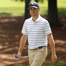 CHARLOTTE, NORTH CAROLINA - SEPTEMBER 19: Jordan Spieth of the United States Team and Justin Thomas of the United States Team walk prior to the 2022 Presidents Cup at Quail Hollow Country Club on September 19, 2022 in Charlotte, North Carolina. (Photo by Jared C. Tilton/Getty Images)