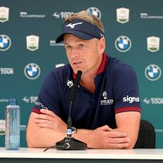 VIRGINIA WATER, ENGLAND - SEPTEMBER 06: Luke Donald of England talks to the media during a press conference prior to the BMW PGA Championship at Wentworth Golf Club on September 06, 2022 in Virginia Water, England. (Photo by Ross Kinnaird/Getty Images)