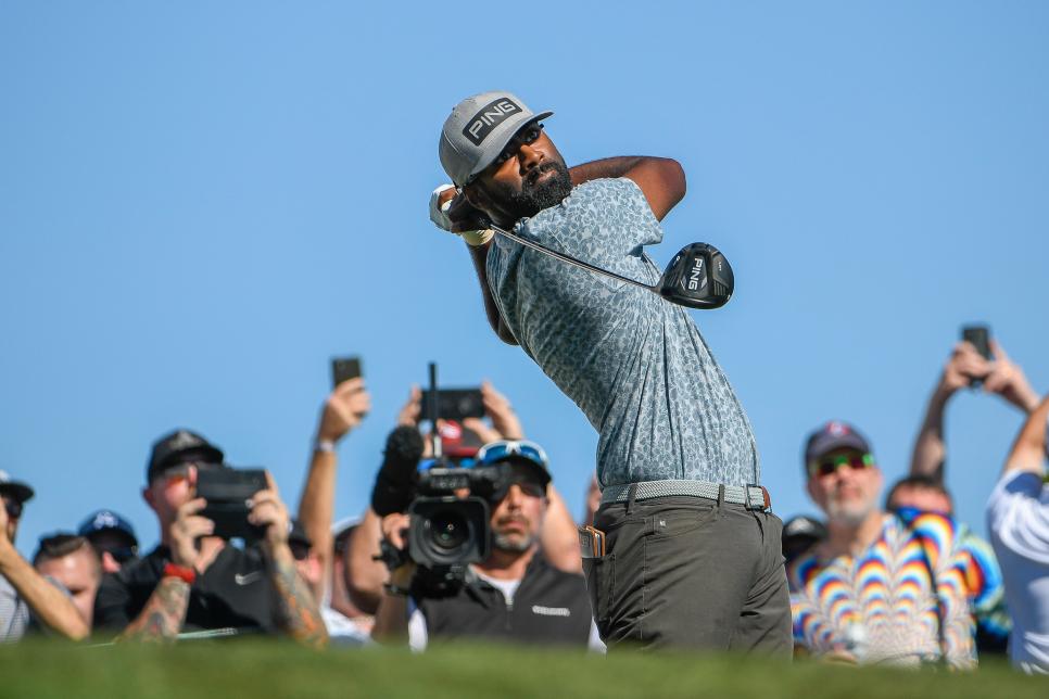 SCOTTSDALE, AZ - FEBRUARY 13:  Sahith Theegala hits his tee shot at the 10th hole during the final round of the WM Phoenix Open at TPC Scottsdale on February 13, 2022 in Scottsdale, Arizona. (Photo by Tracy Wilcox/PGA TOUR via Getty Images)