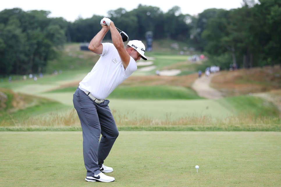 BROOKLINE, MASSACHUSETTS - JUNE 17: Taylor Montgomery of the United States plays his shot from the tenth tee during the second round of the 122nd U.S. Open Championship at The Country Club on June 17, 2022 in Brookline, Massachusetts. (Photo by Warren Little/Getty Images)