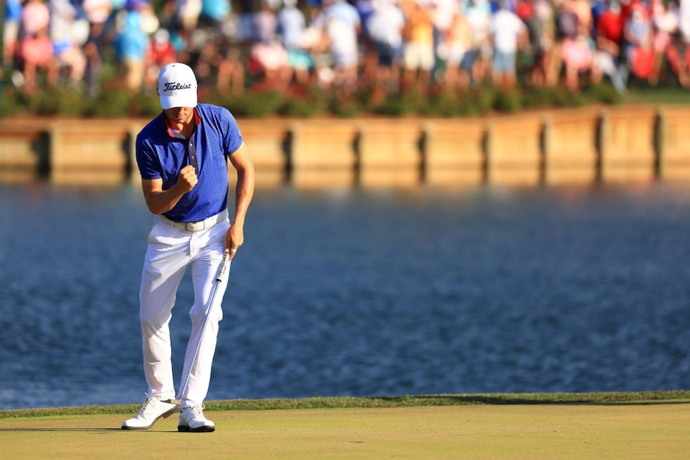 PONTE VEDRA BEACH, FLORIDA - MARCH 14: Justin Thomas of the United States reacts on the 17th green during the final round of THE PLAYERS Championship on THE PLAYERS Stadium Course at TPC Sawgrass on March 14, 2021 in Ponte Vedra Beach, Florida. (Photo by Mike Ehrmann/Getty Images)